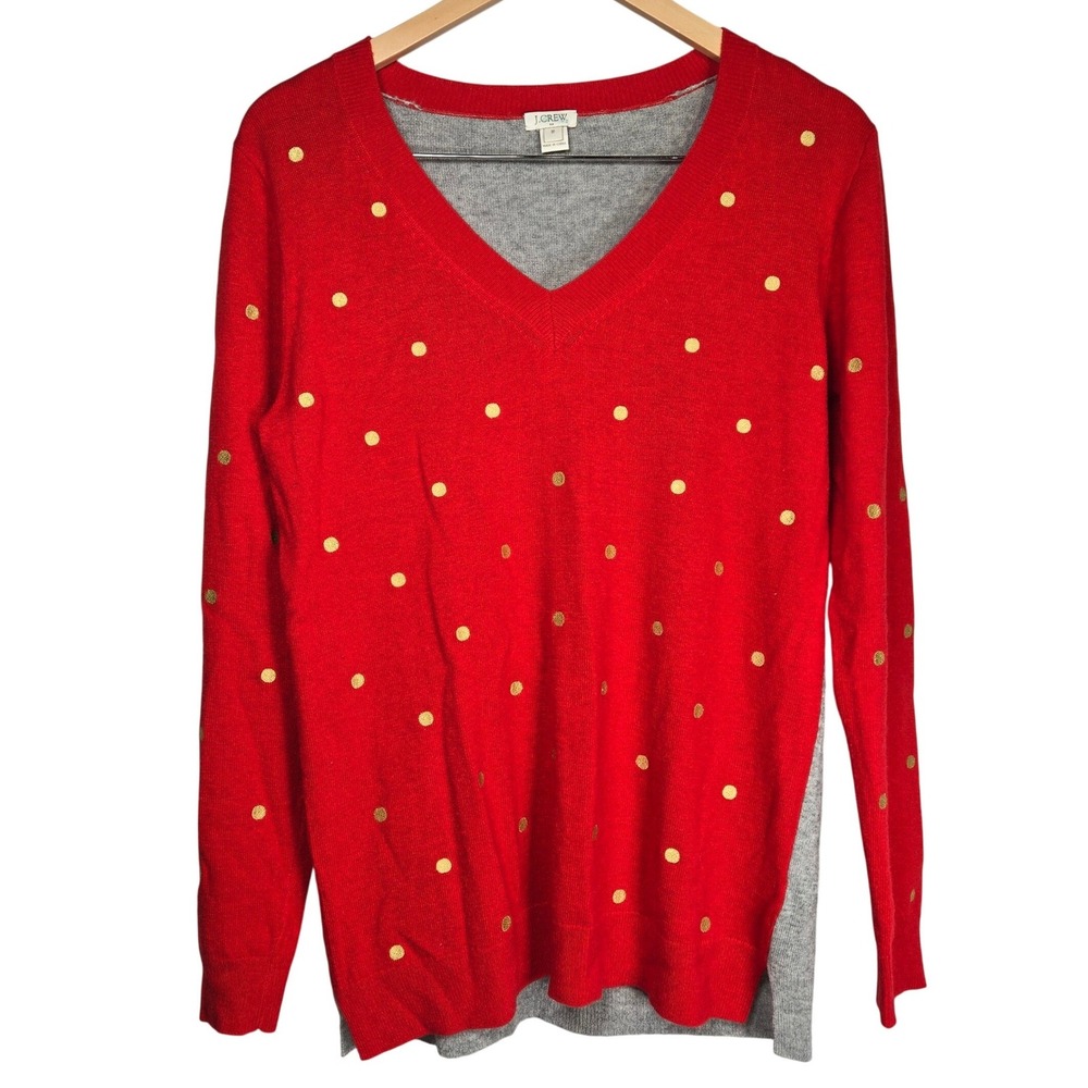 J. Crew Womens Red Gray Gold Polka Dot V-Neck Sweater Merino Wool Blend Size M